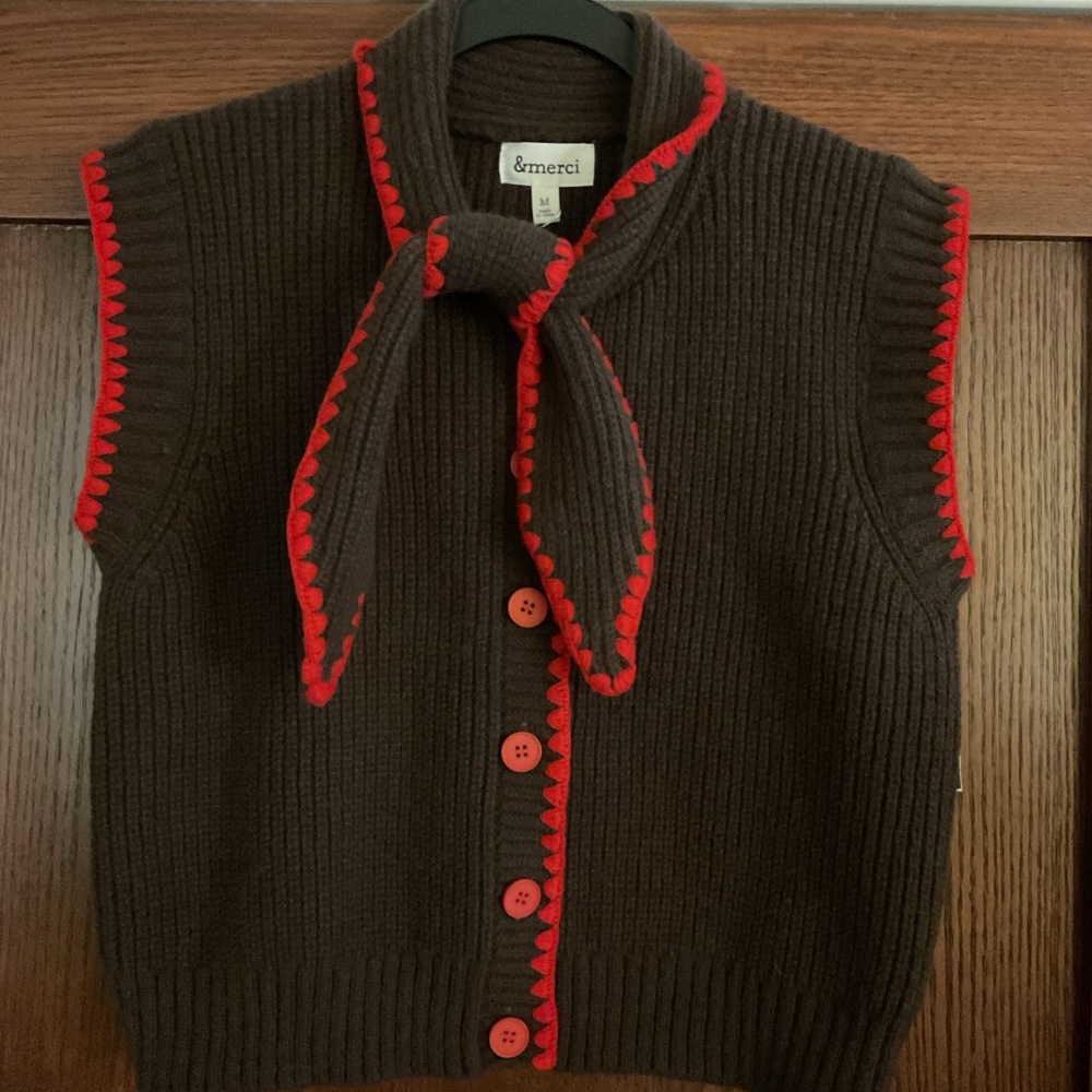 NWT &merci Chocolate Brown & Red Crocheted Trim Tie Neck Sweater Vest - Medium